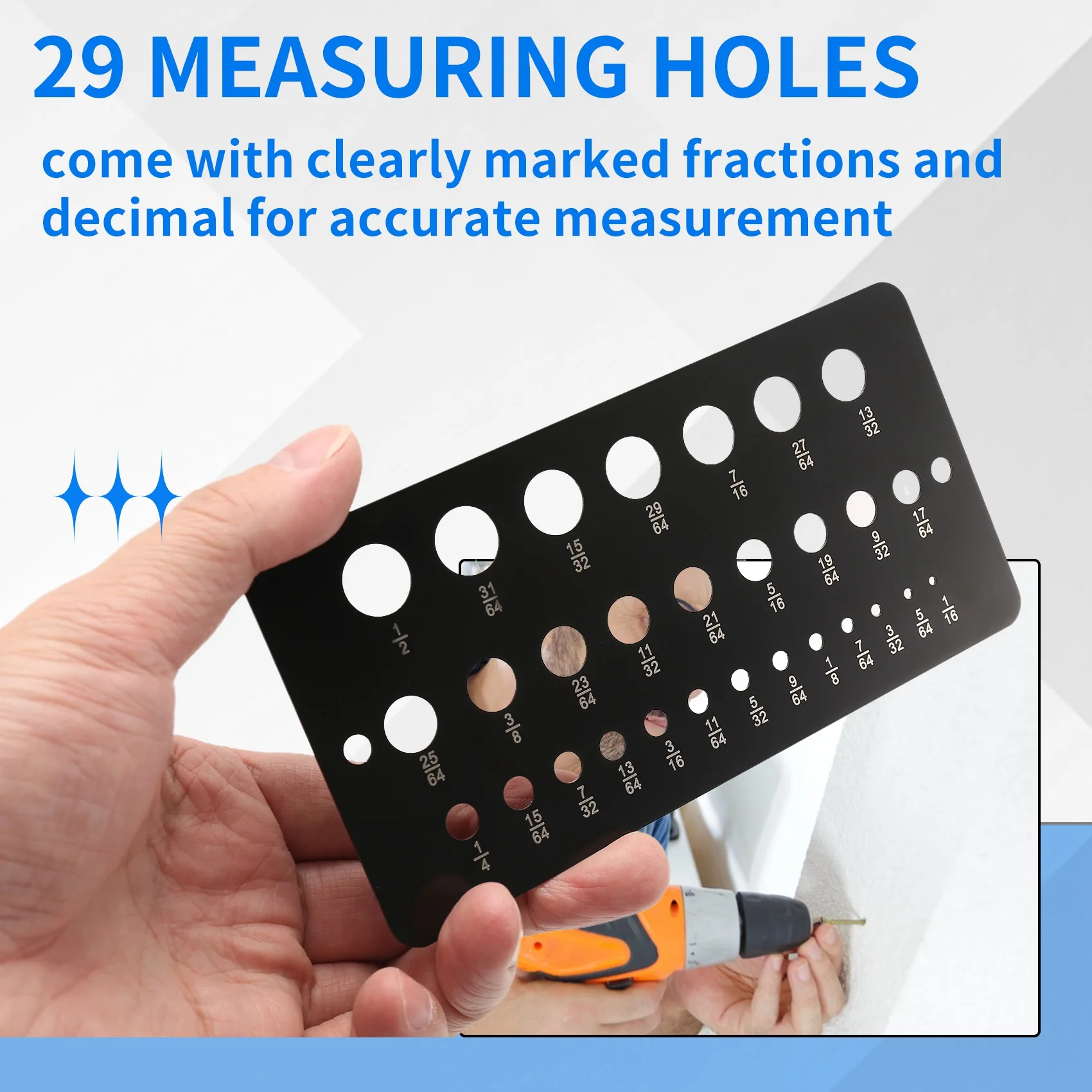 A23T Drill Bit Gauge 29-Holes, Fractional Size Drill Bit Sizer 1/16 to 1/2 Inch, Stainless Steel Hole Gauge for Drill Organizer