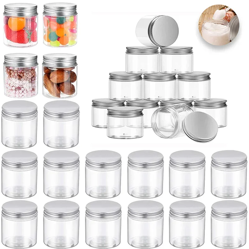 

10pcs 20g-150g Empty PET Plastic Clear Cosmetic Jars with Aluminum Lids Makeup Storage Face Cream Refillable Bottle Sample Pots