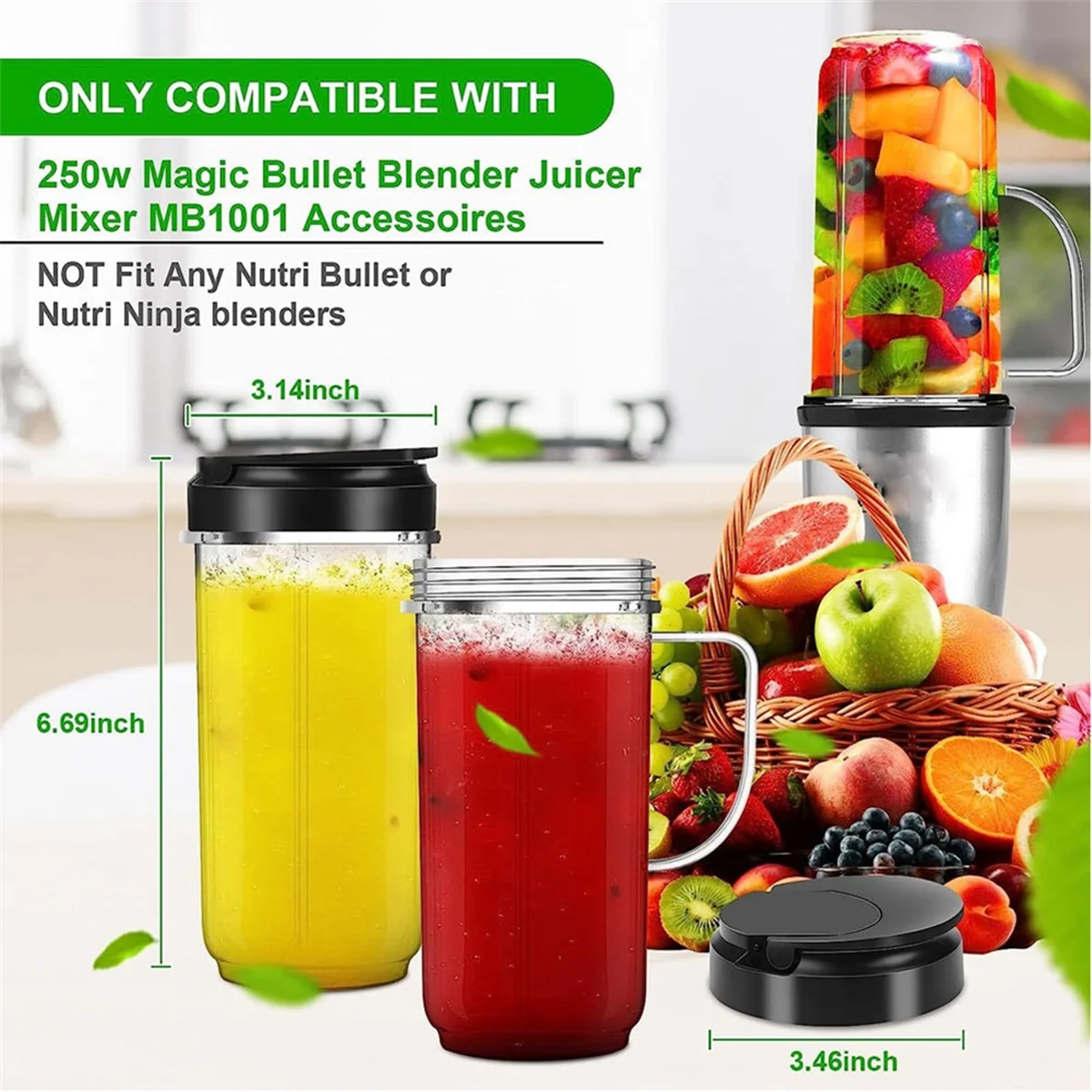 Taza alta de EQAZ-22 Oz con tapa abatible para llevar, pieza de repuesto para Magic Bullet, taza para licuadoras MB1001 de 250W con asa