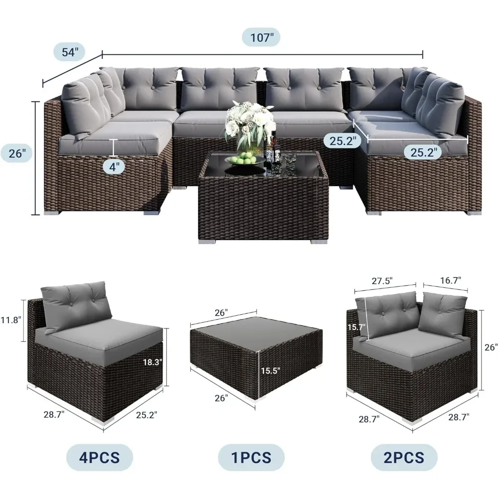 Juego de sofá de mimbre seccional para exteriores, muebles de mimbre para todo tipo de clima con cojines de respaldo, sofá de jardín, conversación gris, 7 piezas