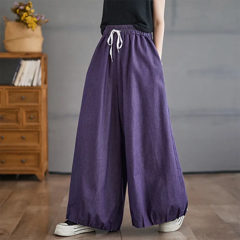 Women Solid Color Denim Pants Japan Style Solid Color Elastic High Waist Loose Casual Wide Leg Lantern Culottes Jeans
