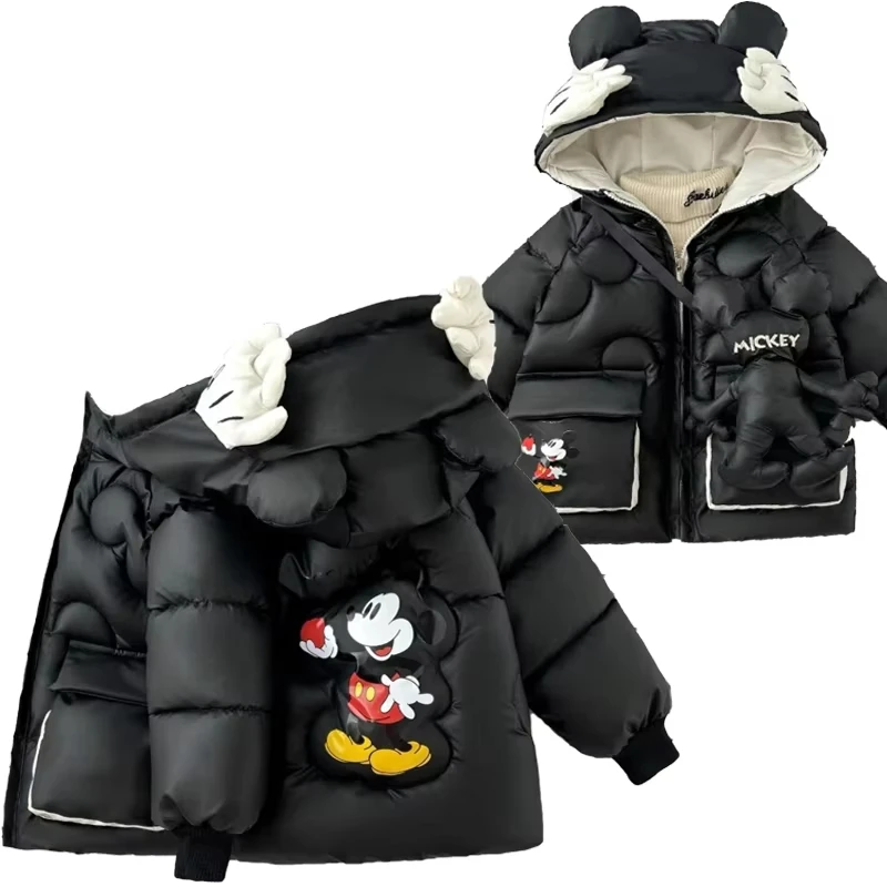 

2025 Disney Mickey Kids' Down Jacket - Winter Hooded Parka for Boys, Thickened Cotton Coat with Carry Bag Sweatshirts