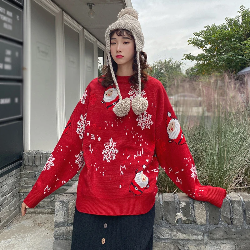 Autumn Christmas Sweater Women Loose Fit Knitted Couple Pullovers Thick Winter Sweaters Round Neck Santa Claus Attire All-match