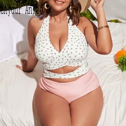 Damski strój kąpielowy dwuczęściowy Plus Size zestaw Bikini z nadrukiem sznurowanie z przodu bandaż strój kąpielowy kostiumy kąpielowe kontroli brzucha