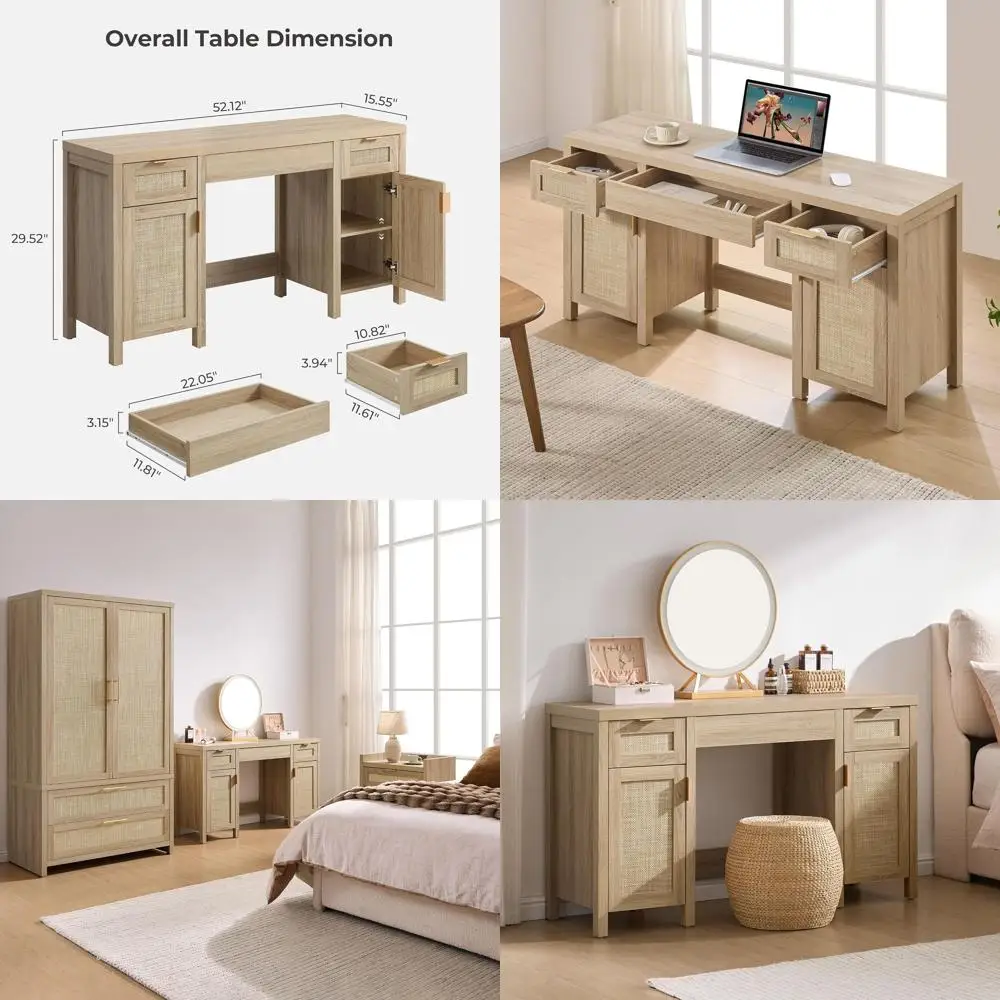 Large 52 Farmhouse Style Makeup Vanity Desk with 3 Drawers & 2 Cabinets, Ideal for Home Office, Bedroom, Light Oak