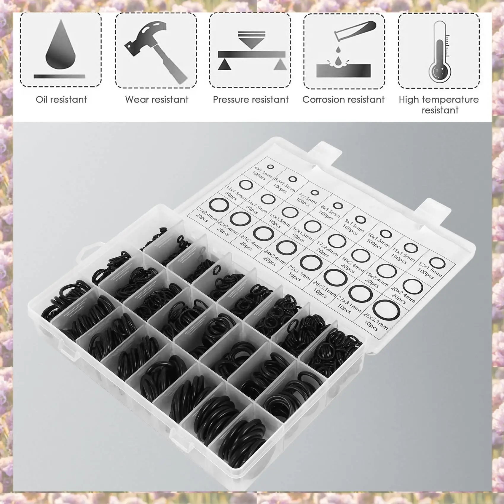 

-FTGT 1200 шт. Комплект уплотнительных колец, 24 размера, набор уплотнительных колец из нитриловой резины для сантехники, устойчивый к маслу, жару и высокому давлению