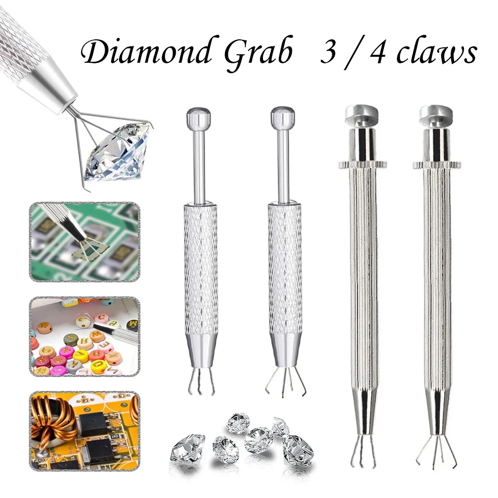 3/4-Claw Diamonds Prong Tweezers, Adjustable Gemstone Setting Tool,Spring-Loaded Jewelry Making Grabber for Small Stones & Beads