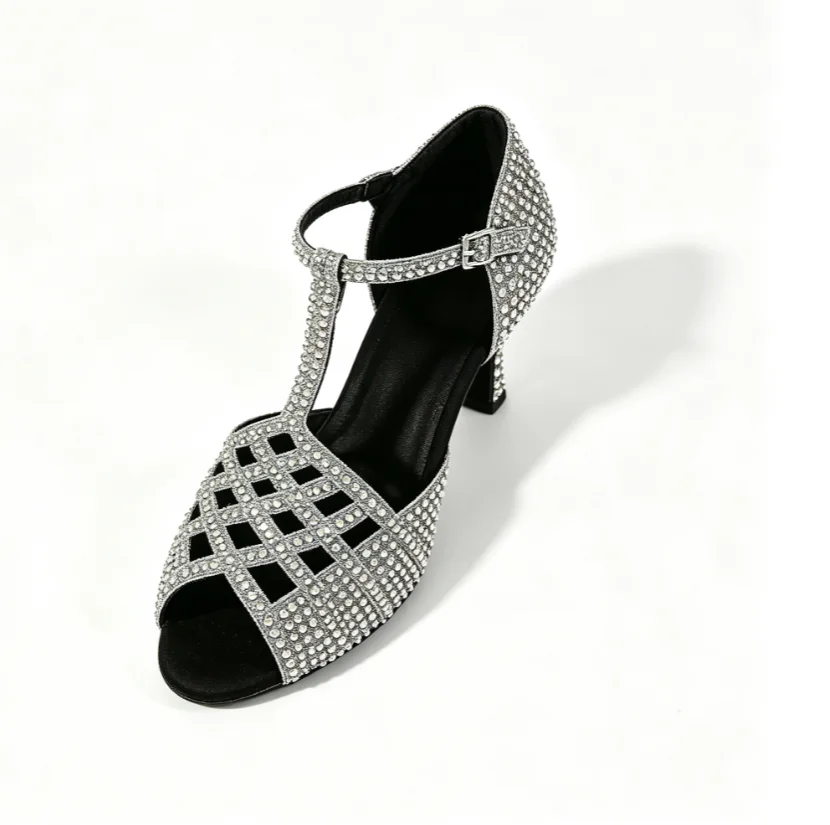 Women Rhinestone Latin Dance Shoes T‑Strap 7cm Heel Sneaker Sandals Girls Ballroom Salsa Tango Competition Party Dance Footwear