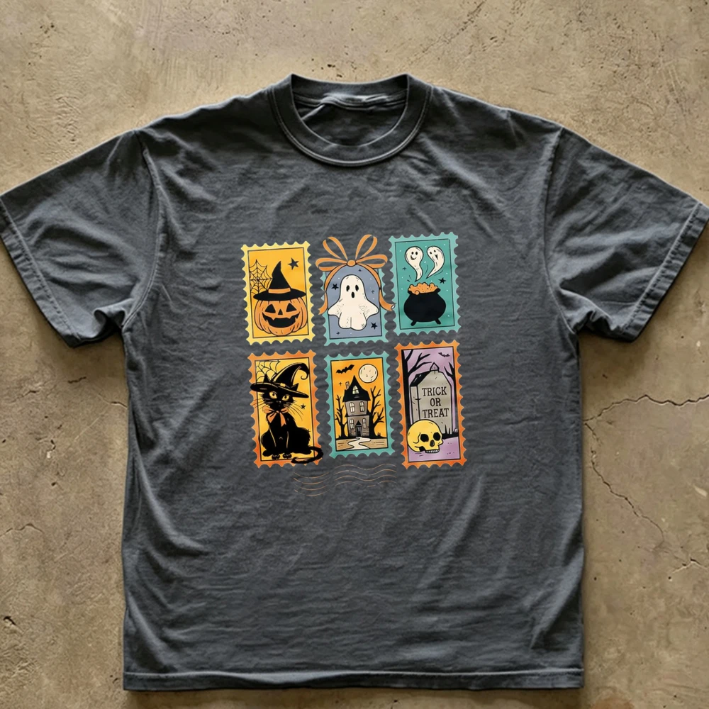 Vintage Halloween Stamp Collage Pumpkin Ghost Black Cat Haunted House Skull T‑Shirt Retro Spooky Postage Art Print Cotton Tops