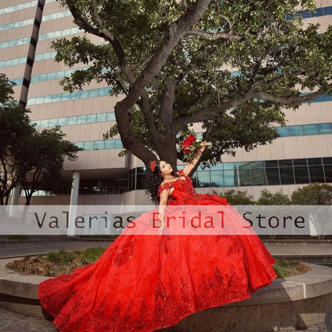 Vestido de quinceañera rojo brillante, vestidos de baile para dulces 16 niñas, apliques de hombros descubiertos, tul con cordones, vestidos de graduación de cumpleaños