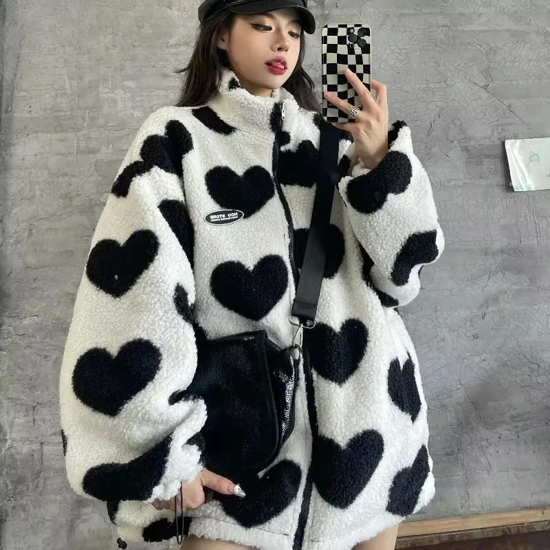 Wear On Both Sides Thicked Lamb Wool Coats Female Harajuku Parkas Autumn Winter Women Korean Loose Heart Shaped Print Jackets