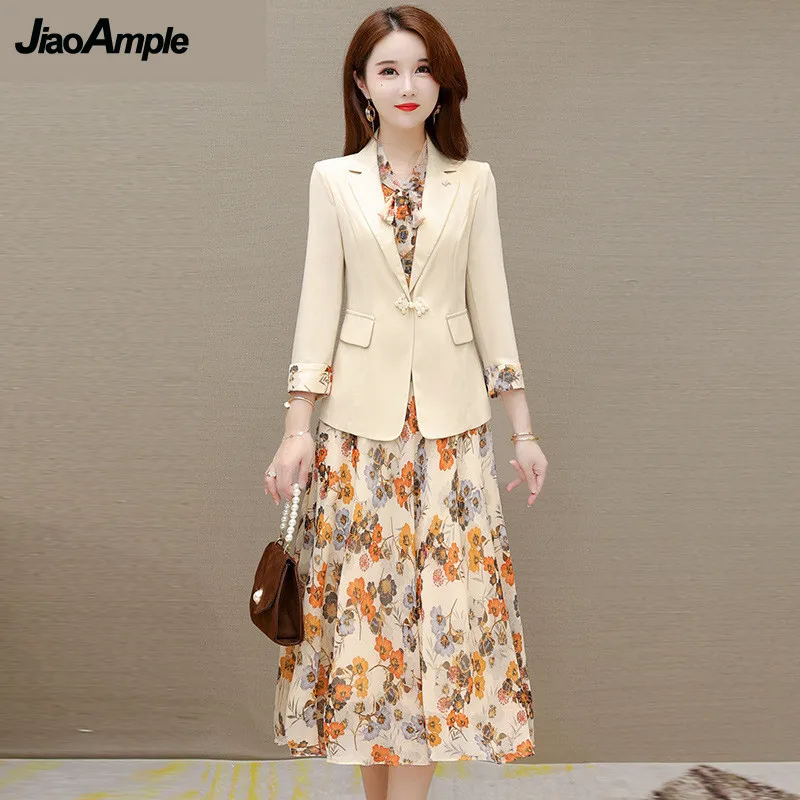 Women\'s Elegant Suit Jacket Floral Dress Two-piece Korean Casual Blazers Business Dresses Set Female Clothing Midi Skirt Suit