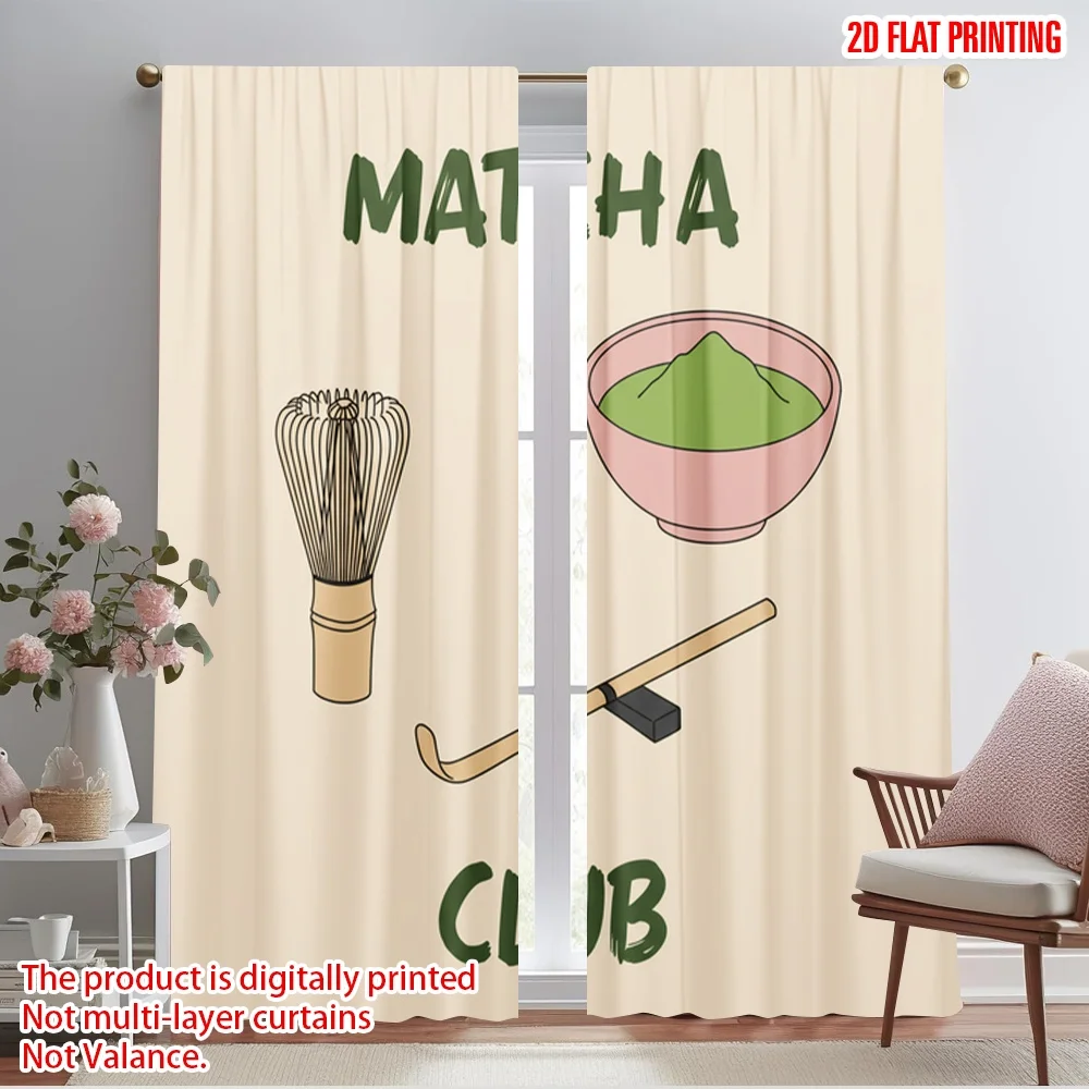 

2pcs 2D flat printing Curtains Matcha Club Tea Set Fabric Without Electricity 0 Use for Photo Booth Props