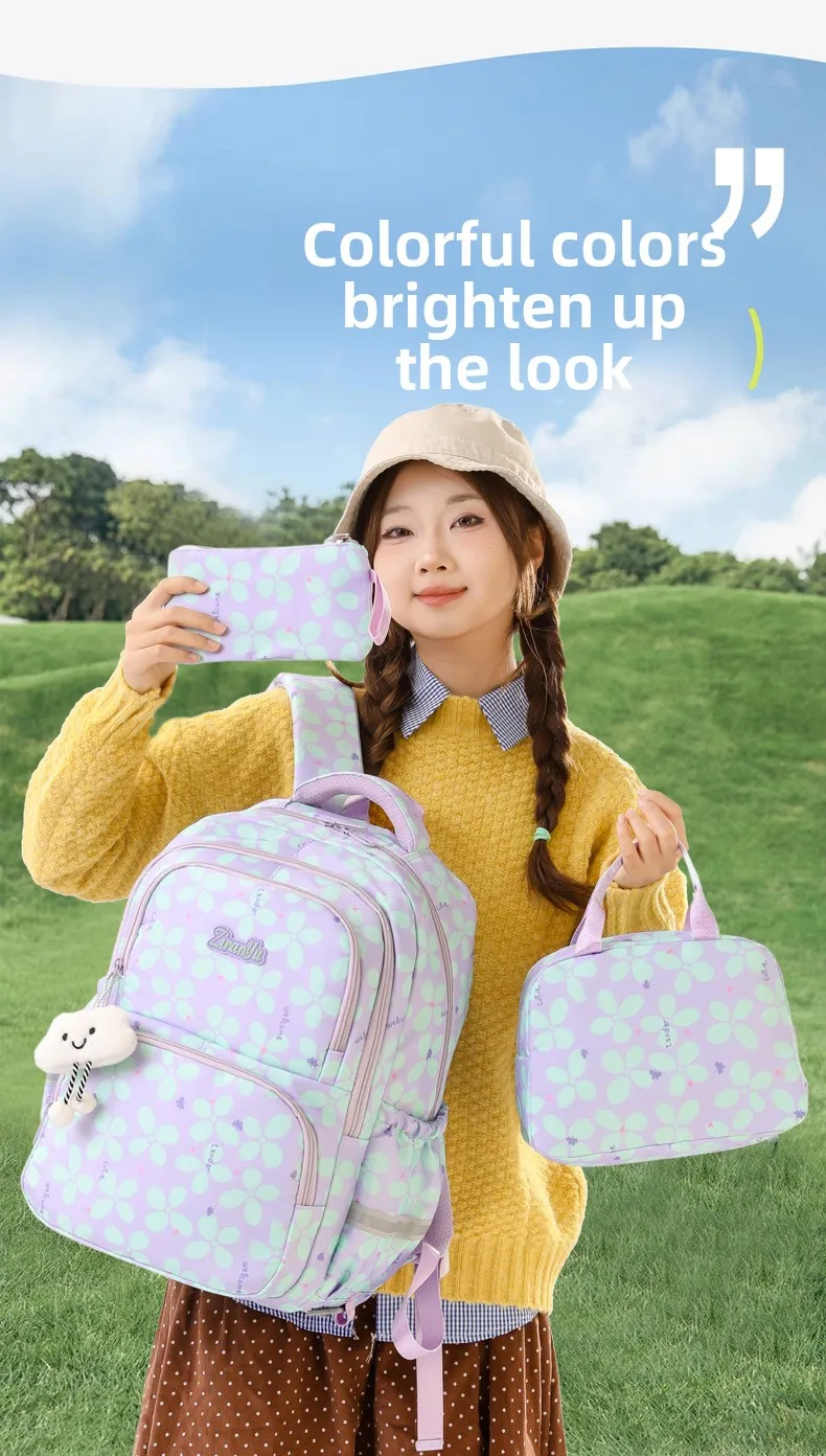 3pcs/set Elementary School Backpack for Girls Bookbag Lunch Bag Pencil Bag Set Flower School Bag for Children Cute Little Dolls