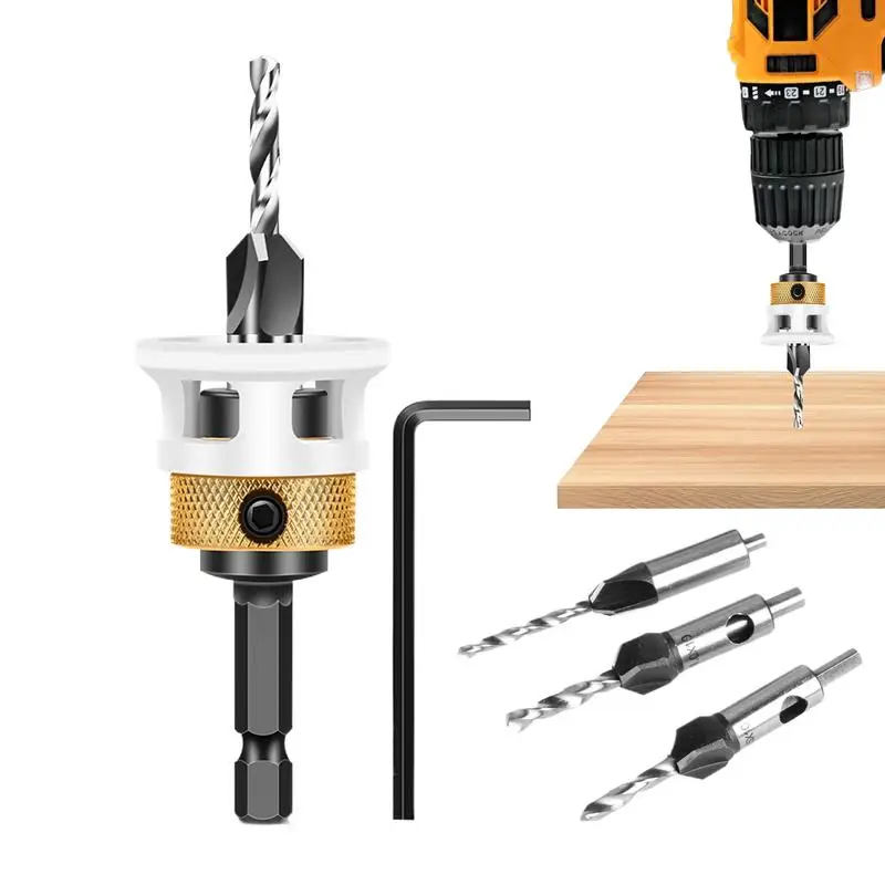 

Wood Countersink Drill Bit Set 4X Tapered Head Bits Adjustable Depth 1/4 Inch Hex Shank Heavy Duty Quick Change Tool For