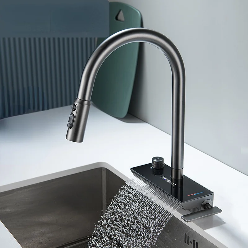 

Digital Display Waterfall Draw-type Kitchen Sink Faucet Copper Single-hole Cold&Hot Vegetable Basin