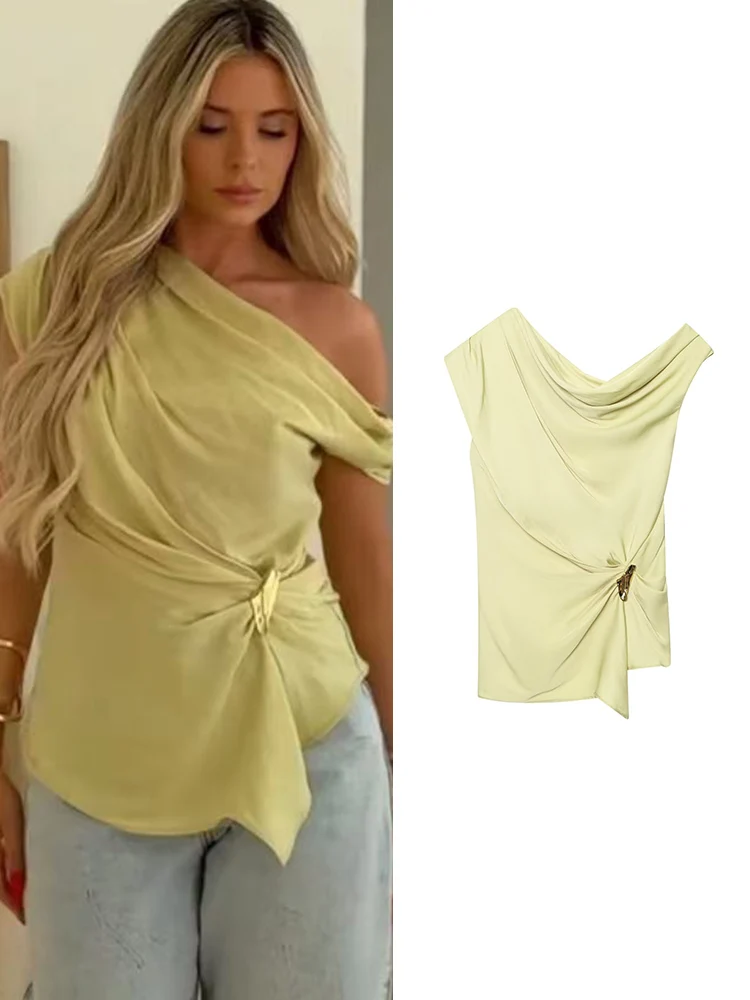 

TFMLN 2025 Women's Asymmetrical Top Summer Solid Sleeveless Sexy T-Shirt Lady Fashion Elegant Irregular Shoulder Tank Top