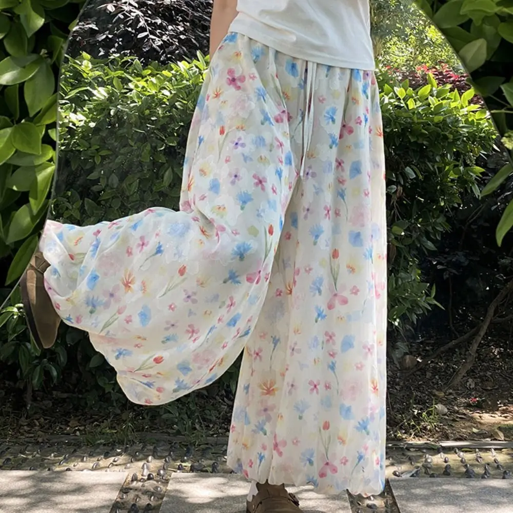 Pastel Floral Print Wide Leg Pants Lightweight Flowy Drape Floral Pants Loose Fit Full Length Women Summer High Waist