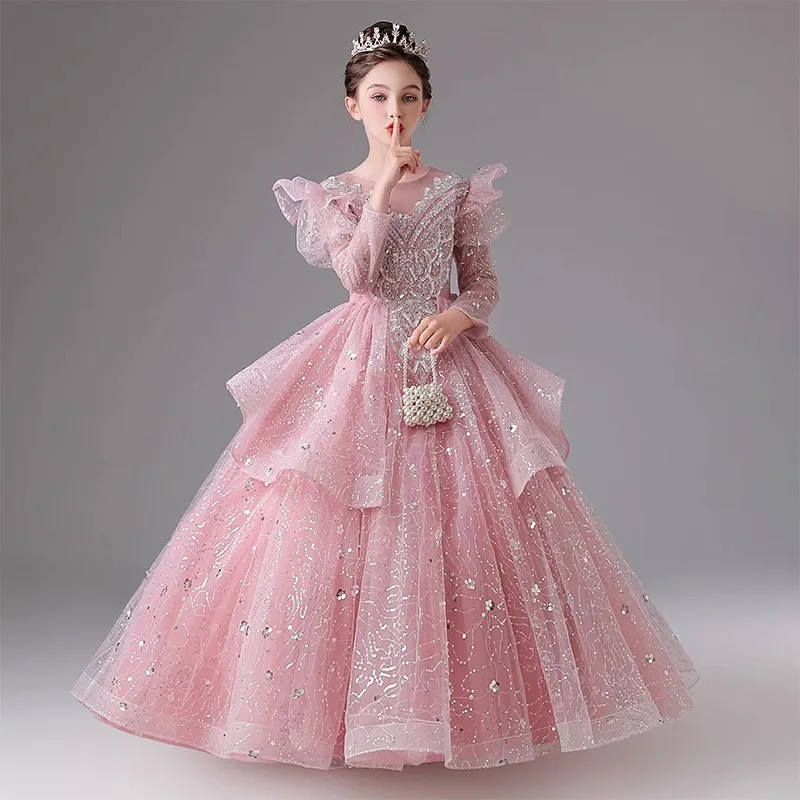 

Children's dress new birthday princess tutu pink long-sleeved girls host piano competition performance spring
