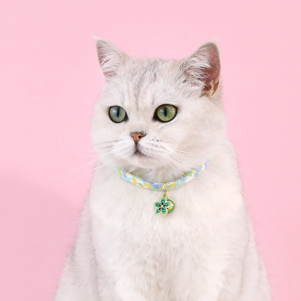 

2Pcs Adjustable Floral Print Cat Collar Bell Pendant Cotton Material Breathable Cute Pet Collar Gift Pet Accessory