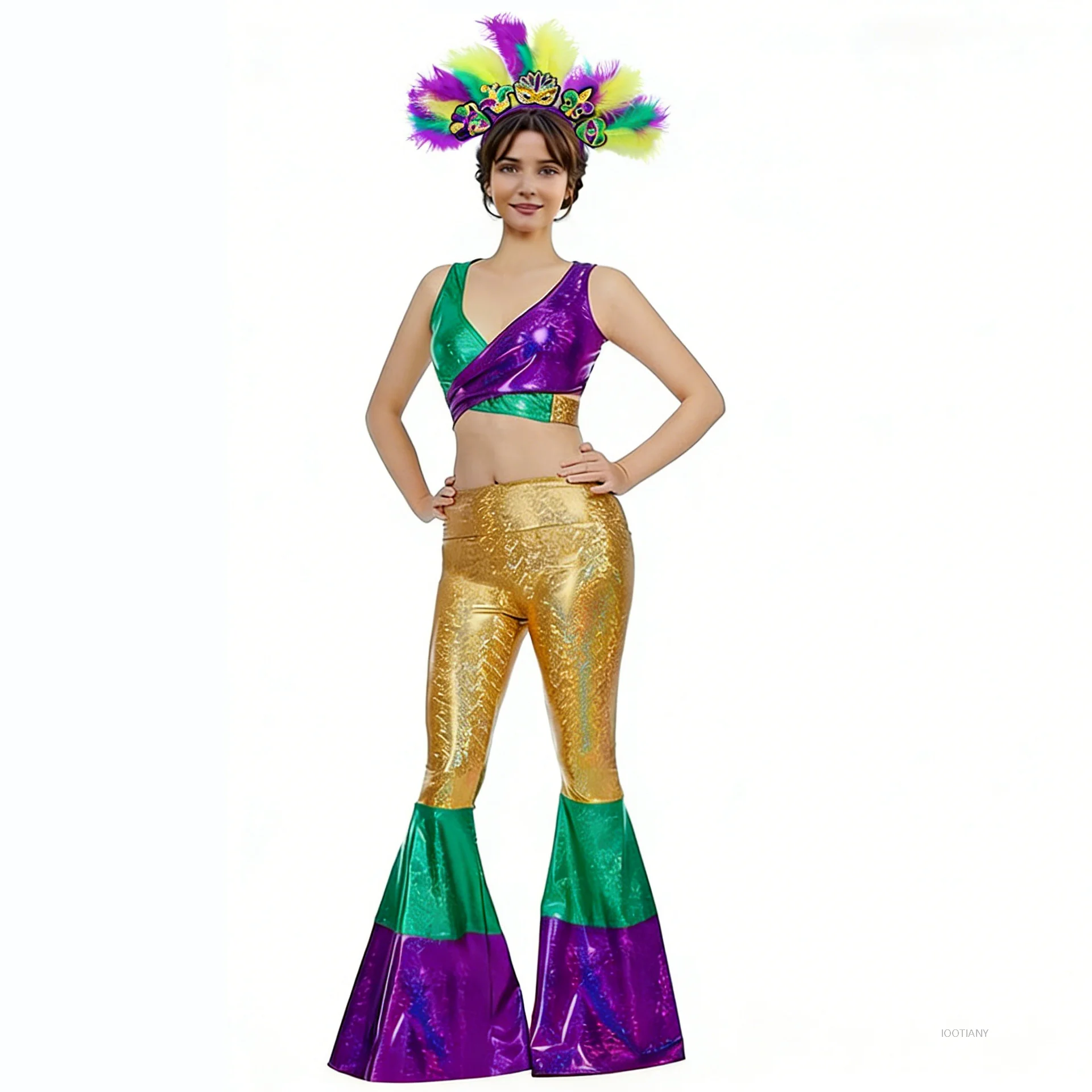 2026 Carnival Women's Retro Disco Top And Flared Pants Set Cosplay Brazilian Carnival Party Glossy Stage Performance Costume