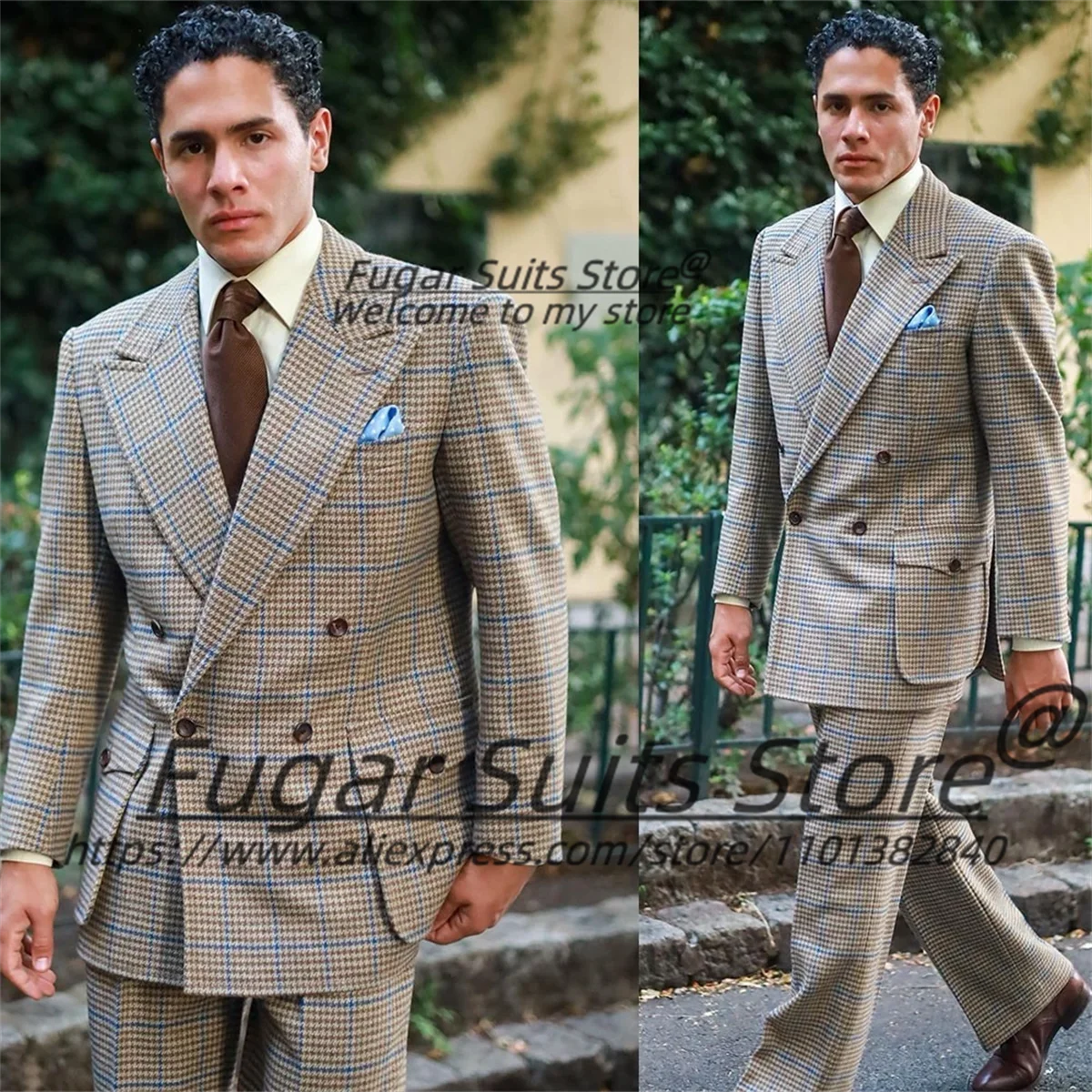 

Handsome Plaid Men Suits Customized Slim Fit Double Breasted Groom Wedding Tuxedos 2 Pieces Sets Male Prom Blazers Ropa Hombre