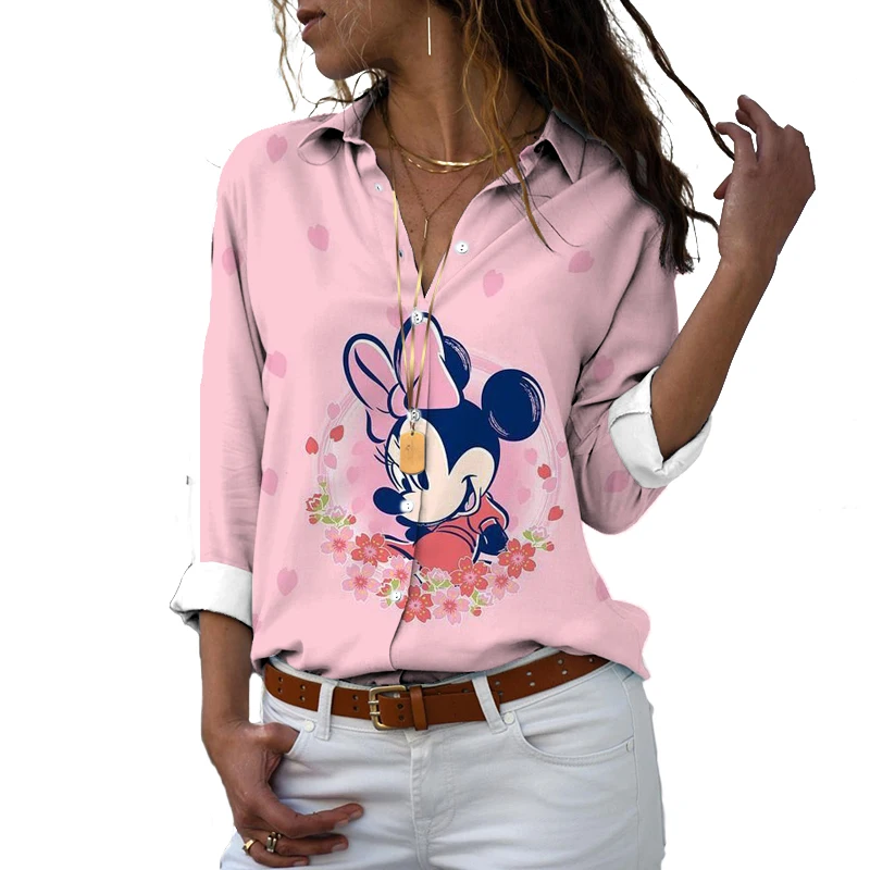 

2024 Autumn Harajuku Long Sleeve Shirt Minnie Cartoon Pattern Print Women's Lapel Single Breasted Fashion Casual Shirt y2k