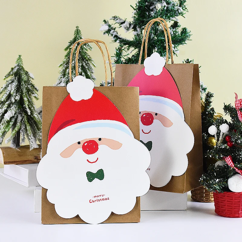 10Pcs Christmas Kraft Paper Bags Candy Gift Box With Handle Santa Claus Snowman Snack Gift Packing Bags Xmas New Year 2025 Decor