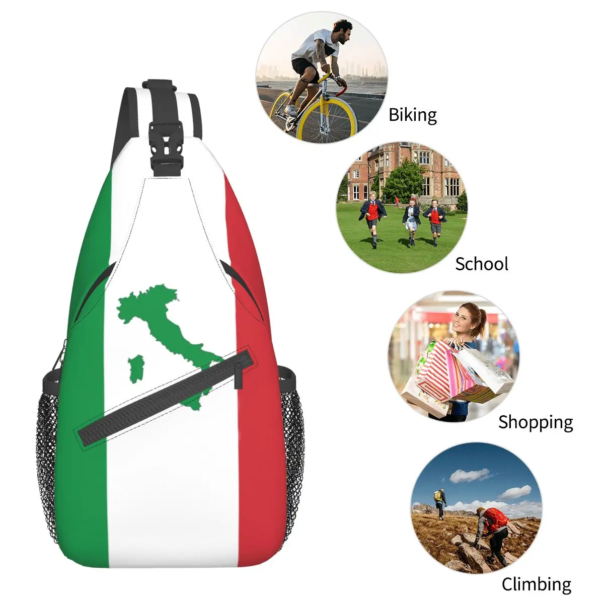 Estilingue crossbody bandeira italiana, bolsa de peito, mochila de ombro, mochila para caminhadas, viagem, mochila esportiva, moda italiana