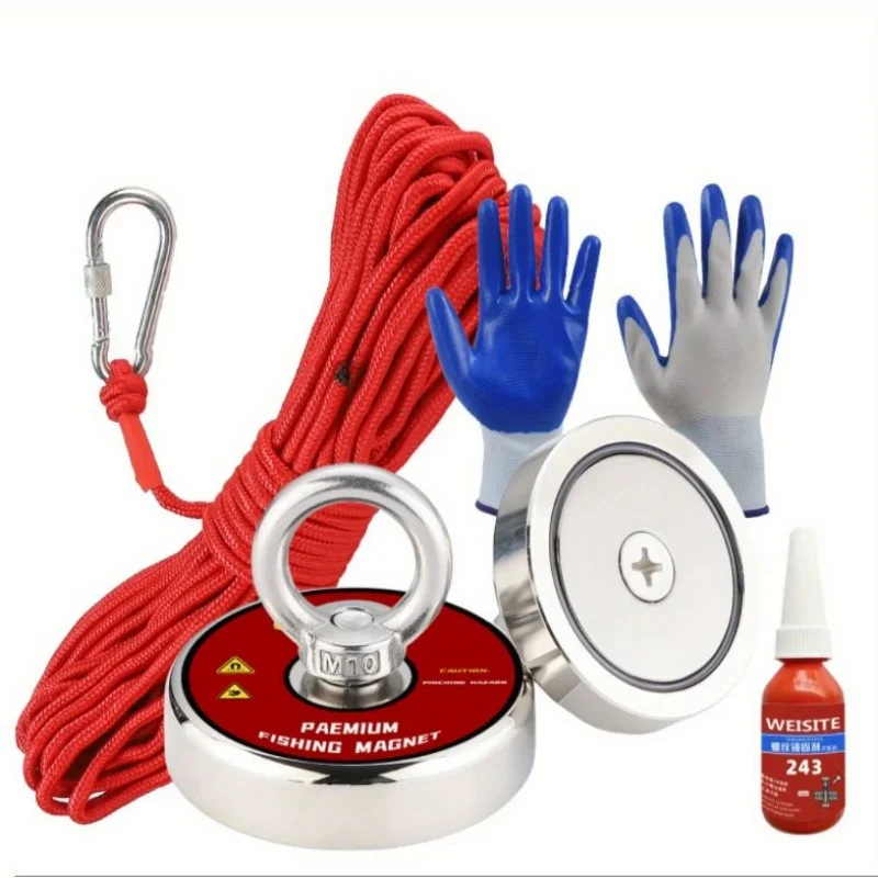60mm Neodymium Fishing Magnets, with  red rope and gloves plus glue, super strong fishing magnet, very suitable for river