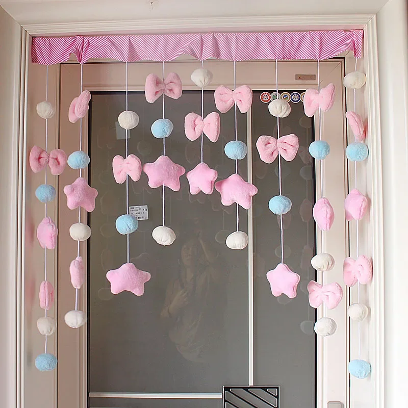 Pink Girls Heart Stars Bow Curtains Door Curtain Short Romantic Tassel Pelmet Girls Room Sweet Bead Window Valance Door Blackout