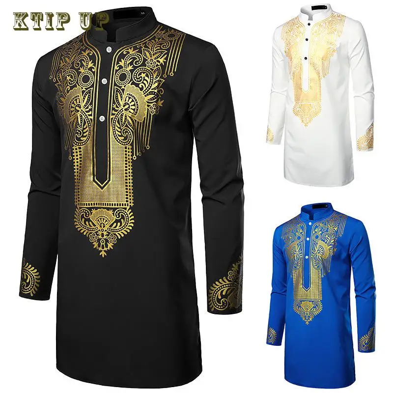 Men\'s Islamic Arabic Abaya Robe Ethnic Print Stand Collar Youth Mid-length Shirt Luxury Coat Casual Fashion Muslim Men Clothing