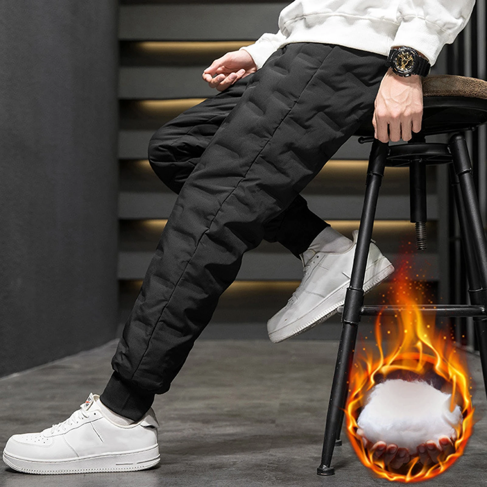 Men's Relaxed Fit Thicken Pants Winter Cotton Padded Windproof Snow Pants for Working Traveling Wear