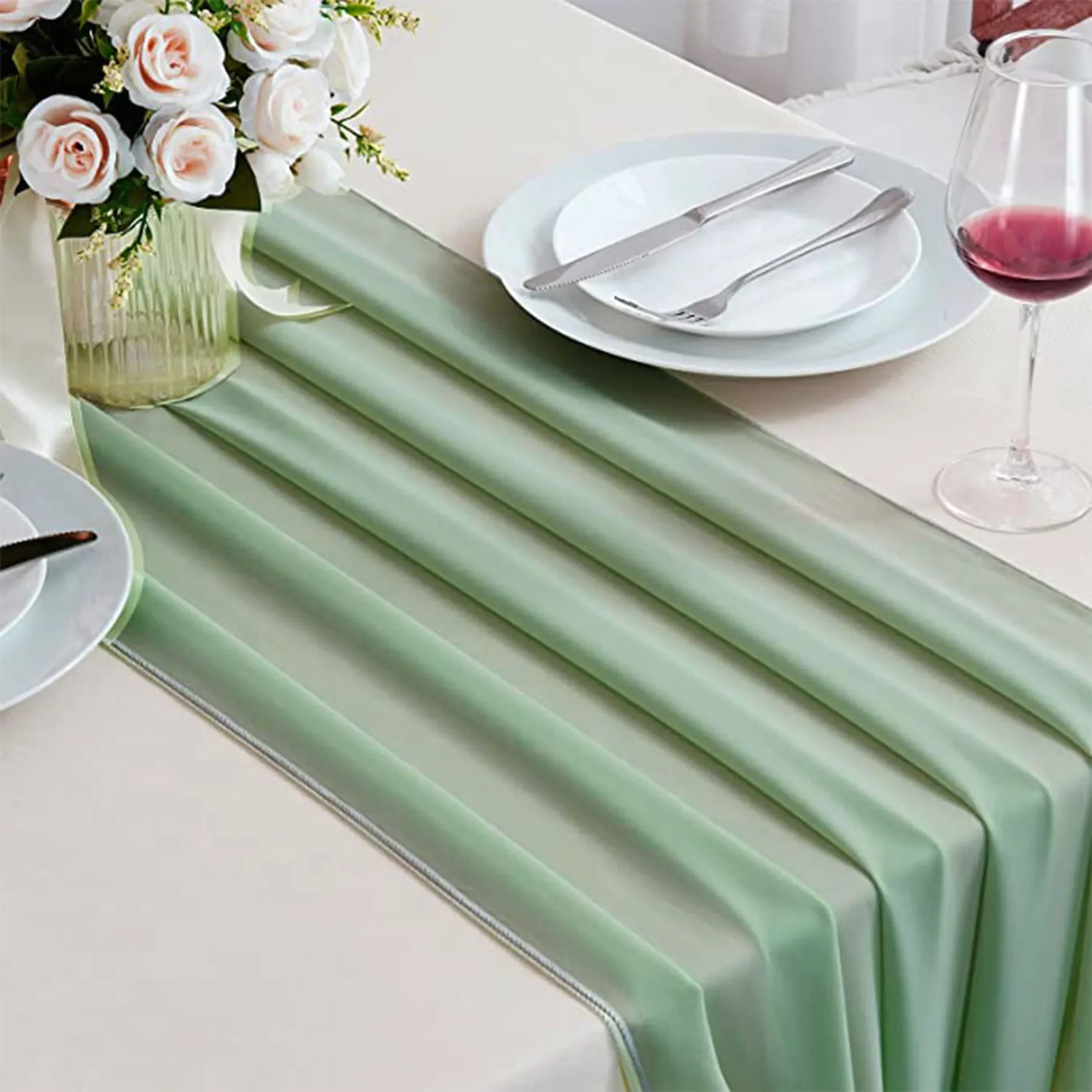 Sage Green Chiffon Table Runner Romantic Boho Table Runner For Wedding Birthday Party Bridal Valentine's Day Table Decoration