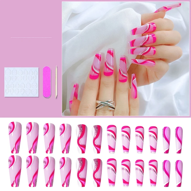 24Pcs Long Nails Set Beauty Nails Full Cover Coffin Press on Nails with Nail File 1 Sheet Nail Glue 20 Styles for Women