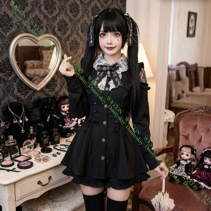 

Dark Gothic Jirai Kei Lolita Outfit Rhinestone Decor Bow Lace Off Shoulder Long Sleeve Slim Fitted Y2K Style Party Casual Dress