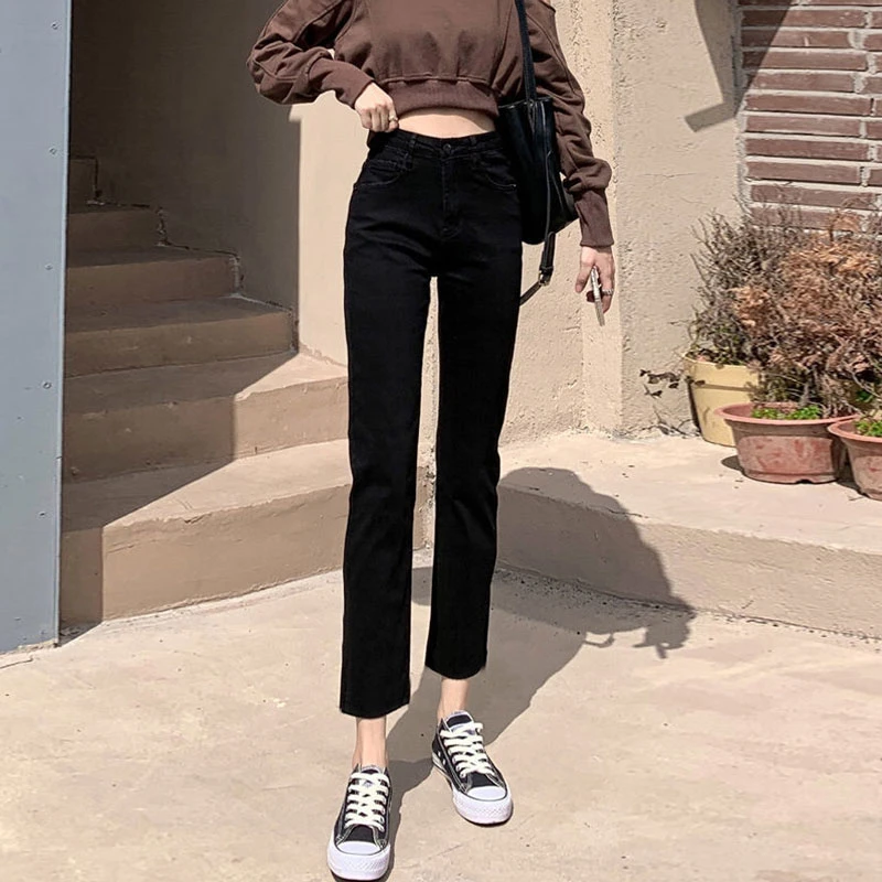 Black pipe straight jeans female 2024 spring and summer new small eight or nine high-waisted pear-shaped loose and thin