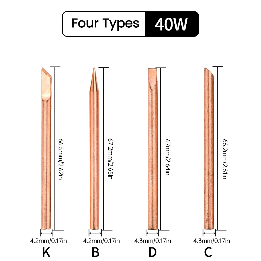 4 Stück Externe Heizlötspitzen B C D K aus reinem Kupfer, 30W 40W 60W Ersatzspitzen, Schweiß- und Reparaturwerkzeuge – Detail 4