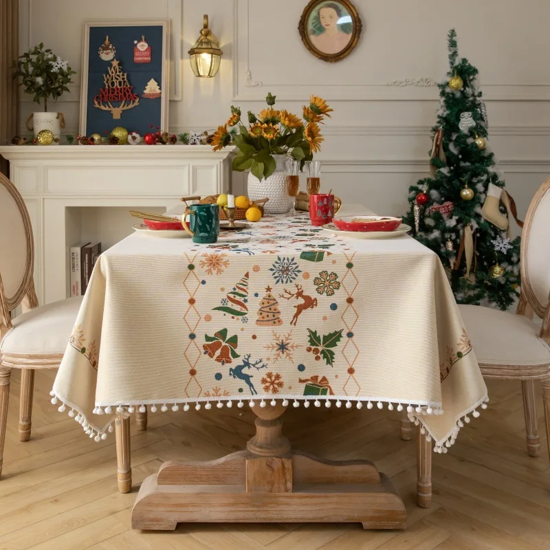 Farmhouse Pompom Christmas Tablecloth Rectangle Cotton Table Decorations for Winter Christmas Deer Kitchen Restaurant Home Decor