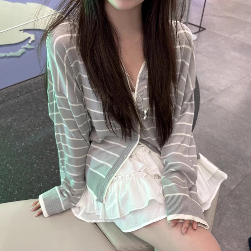 

Loose Casual Long Sve V-Ne Striped Knitted Cardigan Early Autumn New Sle Retro College Sle Open Front Sweater Coat