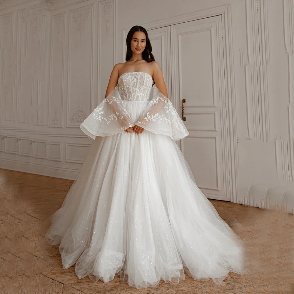 

Glitter Wedding Gowns For Women Applique Strapless Detachable Train Bride Gowns Customized A-Line Sparkling vestidos de novia