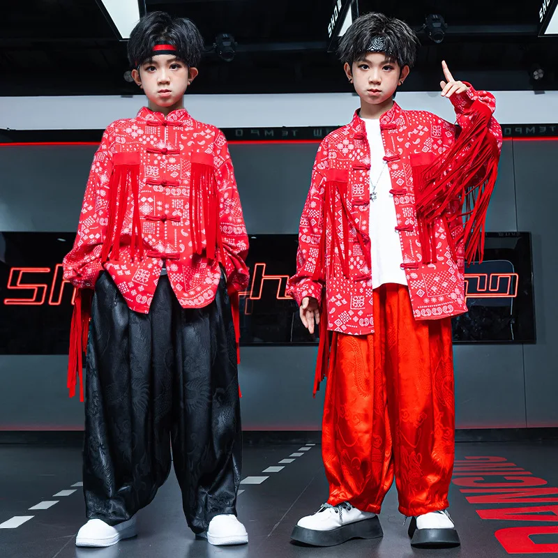 

Kid Cool Chinese Hip Hop Clothing Red Fringe Geometry Print Shirt Casual Wide Pleated Pants for Girl Boy Dance Costume Clothes