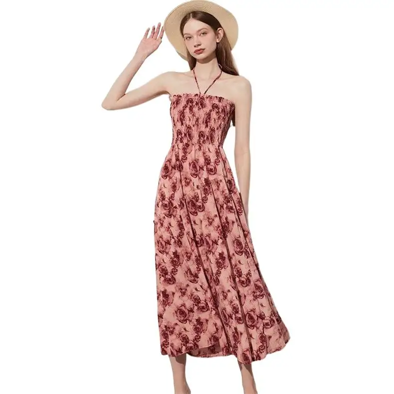 

Summer Cotton New Women Sling Long Dress Design Sense Hanging Neck Strap Elegant Temperament Seaside Vacation Style Vestidos