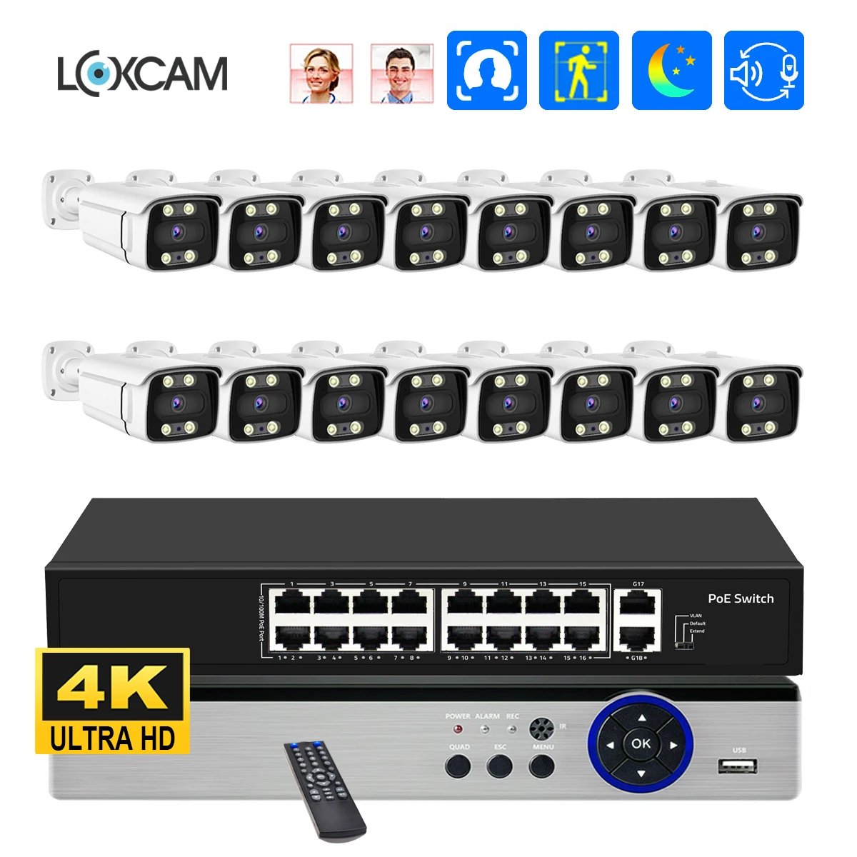 

Комплект камер видеонаблюдения XMEYE, 16 каналов, NVR, 4K, PoE, распознавание лица, двустороннее аудио, Набор цветных ночных камер видеонаблюдения
