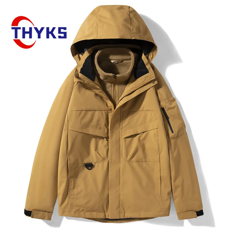 

New Men's Hiking Coats Detachable Plush Thickened Windproof Waterproof Outdoor Work Jackets Large Size Hooded Three in One Tops