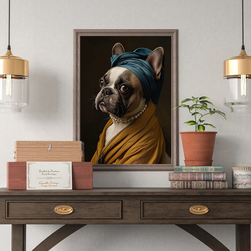 French Bulldog Hippo Poster with Pearl Earrings - Classic Renaissance Dog Canvas Printing, Wall Decoration for Living Room Home