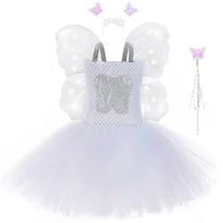 White Tooth Fairy Costume for Girls Birthday Party Tulle Tutu Dress with Wings Outfit Children Kids Halloween Carnival Dress Up