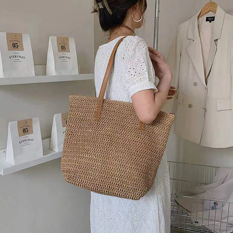 Summer Large Capacity Tote Bag Women Shoulder Bag Handmade Woven Bag INS Fresh Rural Handheld Grass Woven Women Bag