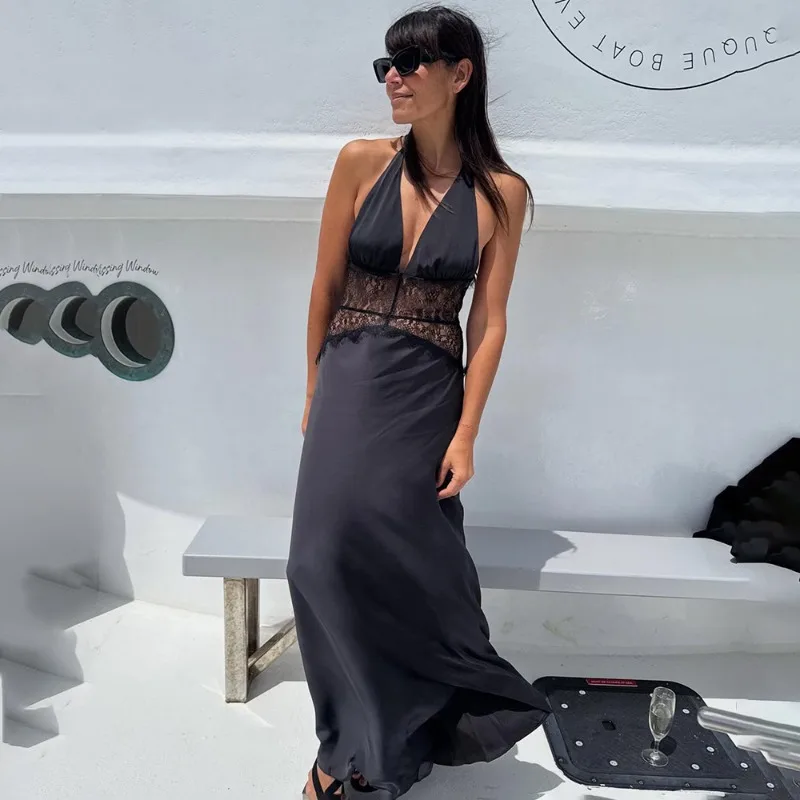 

Talenza Elegant Lace Maxi Dress Women's Sexy Sleeveless Backless Lace-Up Patchwork Dress Luxury New Female Party Evening Dresses