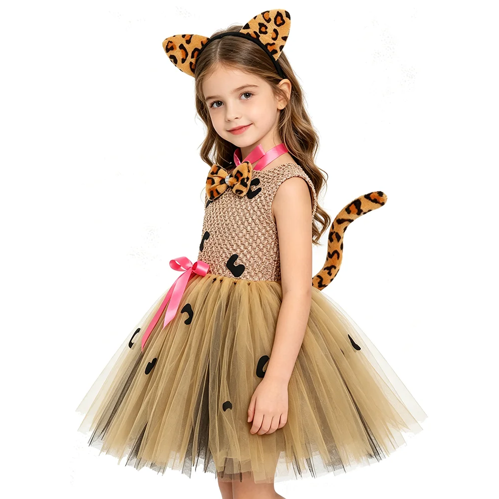 Kids Leopard Cat Lined Tutu Dress Girls Animal Birthday Costumes with Ears Tail & Bow Set for Halloween Carnival Disguise Outfit